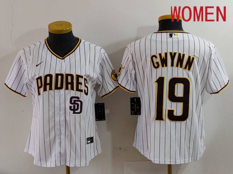 Women San Diego Padres #19 Gwynn White Stripe Game 2024 Nike MLB Jersey style 1->women mlb jersey->Women Jersey
